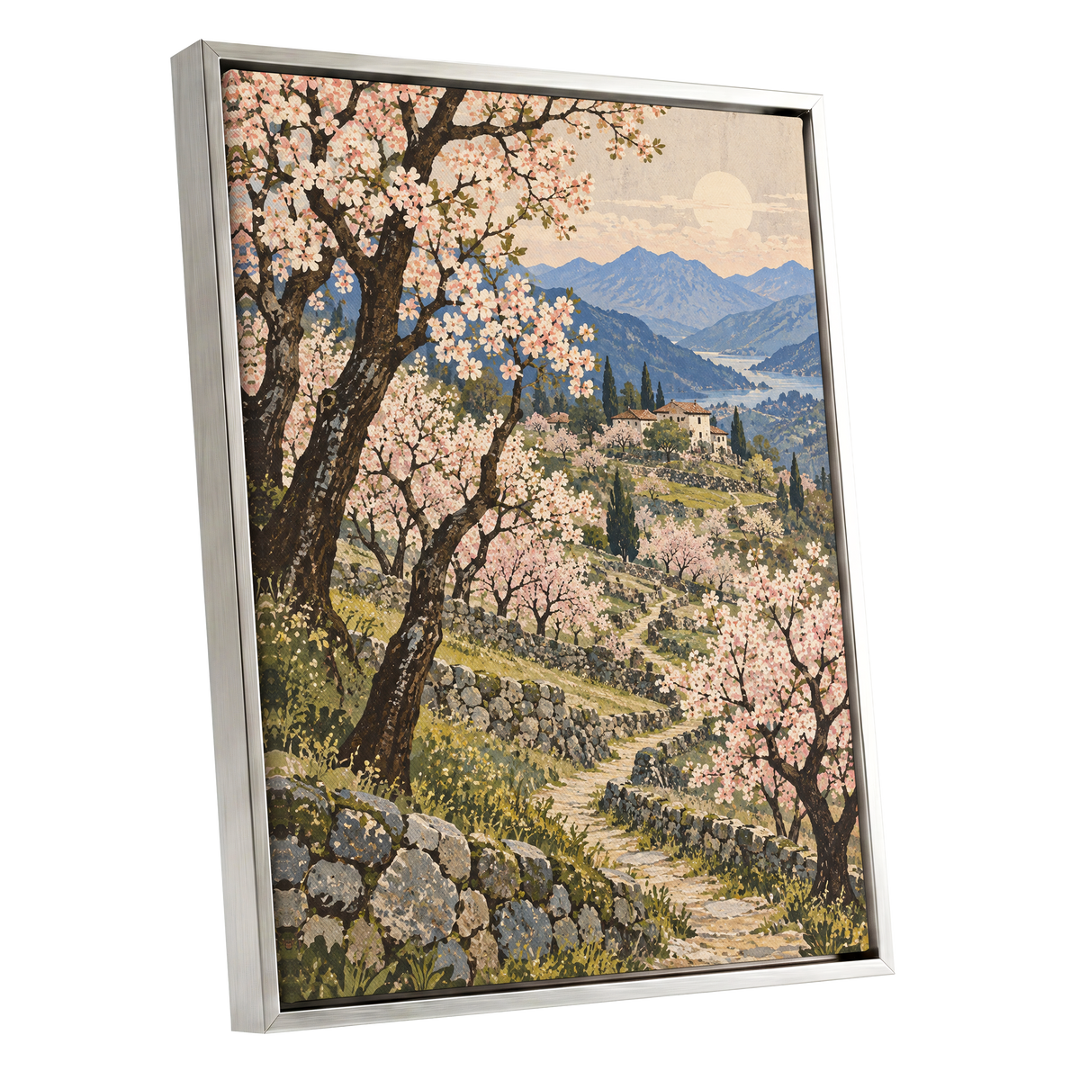 Blossom Above the Blue, pink, blue, green nature wall art shown as a silver framed canvas wall art
