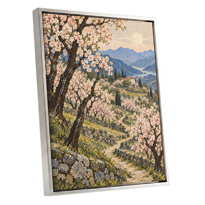 Blossom Above the Blue, pink, blue, green nature wall art shown as a silver framed canvas wall art