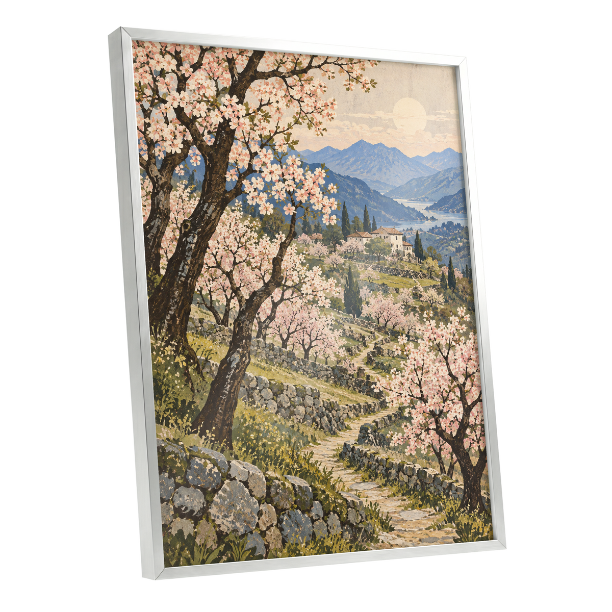 Blossom Above the Blue, pink, blue, green nature wall art shown as a silver framed poster wall art print