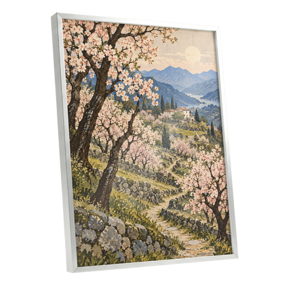 Blossom Above the Blue, pink, blue, green nature wall art shown as a silver framed poster wall art print