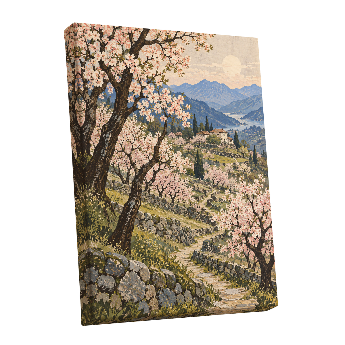 Blossom Above the Blue, pink, blue, green nature wall art shown as a stretched canvas wall art
