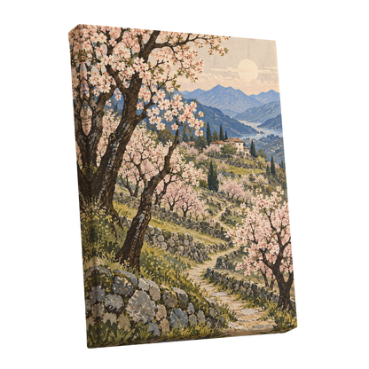 Blossom Above the Blue, pink, blue, green nature wall art shown as a stretched canvas wall art