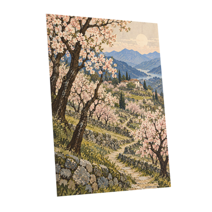Blossom Above the Blue, pink, blue, green nature wall art shown as a unframed poster wall art print