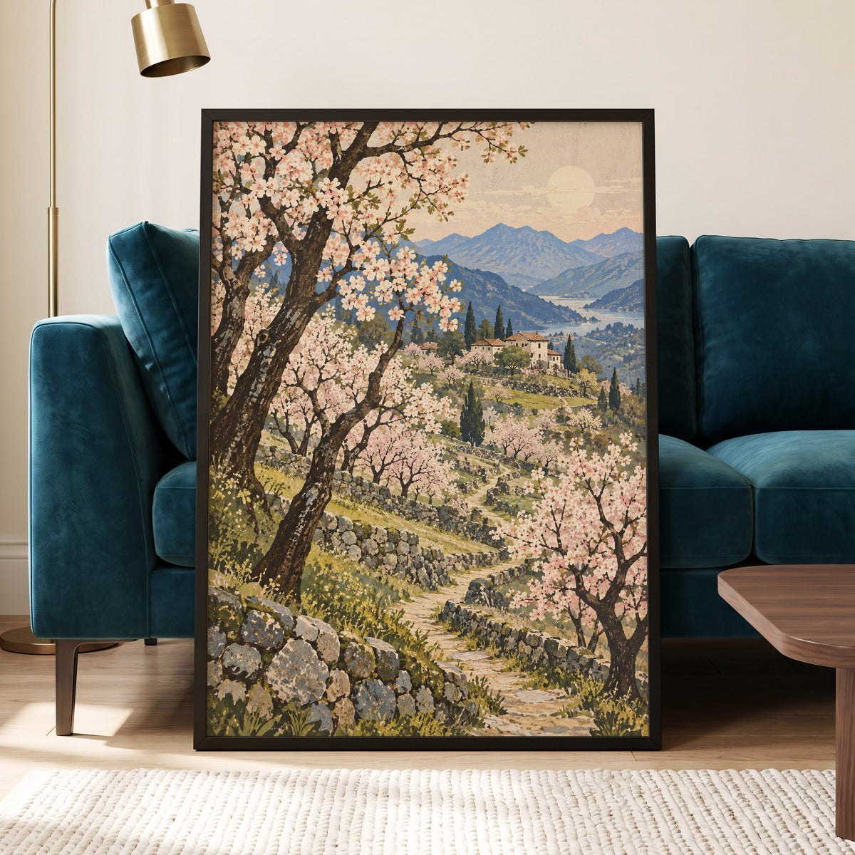 Blossom Above the Blue, pink, blue, green nature wall art displayed in a styled interior, gallery view 2