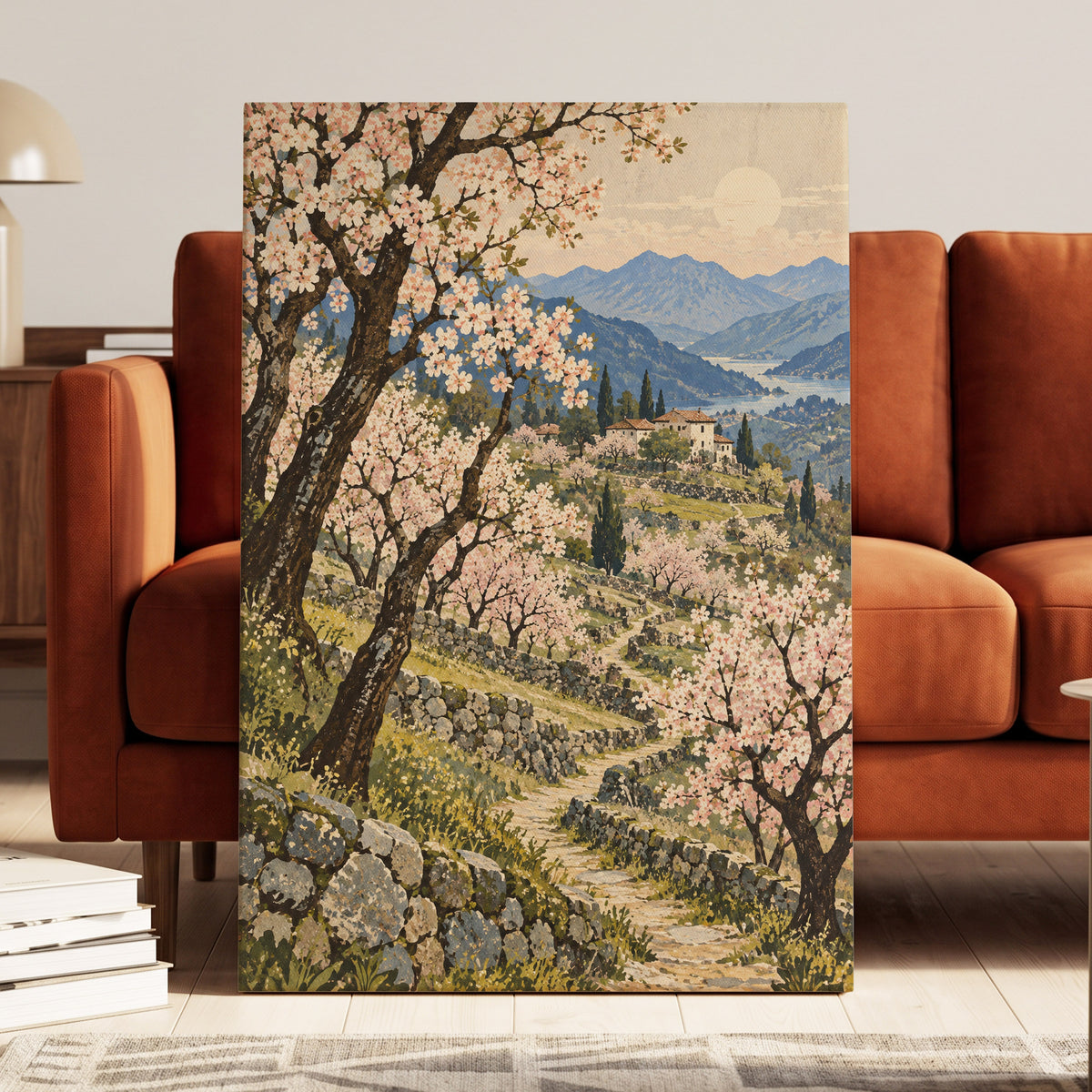 Blossom Above the Blue, pink, blue, green nature wall art displayed in a styled interior, gallery view 3