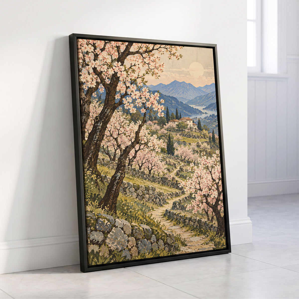Blossom Above the Blue, pink, blue, green nature wall art displayed in a styled interior, gallery view 4
