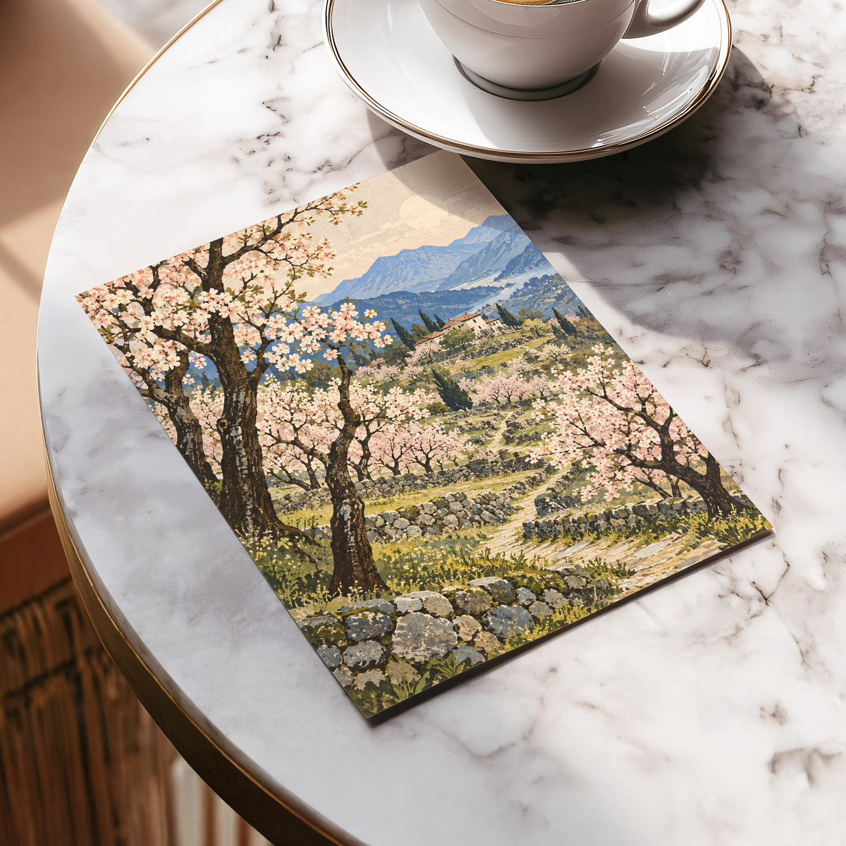 Blossom Above the Blue, pink, blue, green nature wall art displayed in a styled interior, gallery view 5