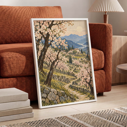 Blossom Above the Blue, pink, blue, green nature wall art displayed in a styled interior, gallery view 6