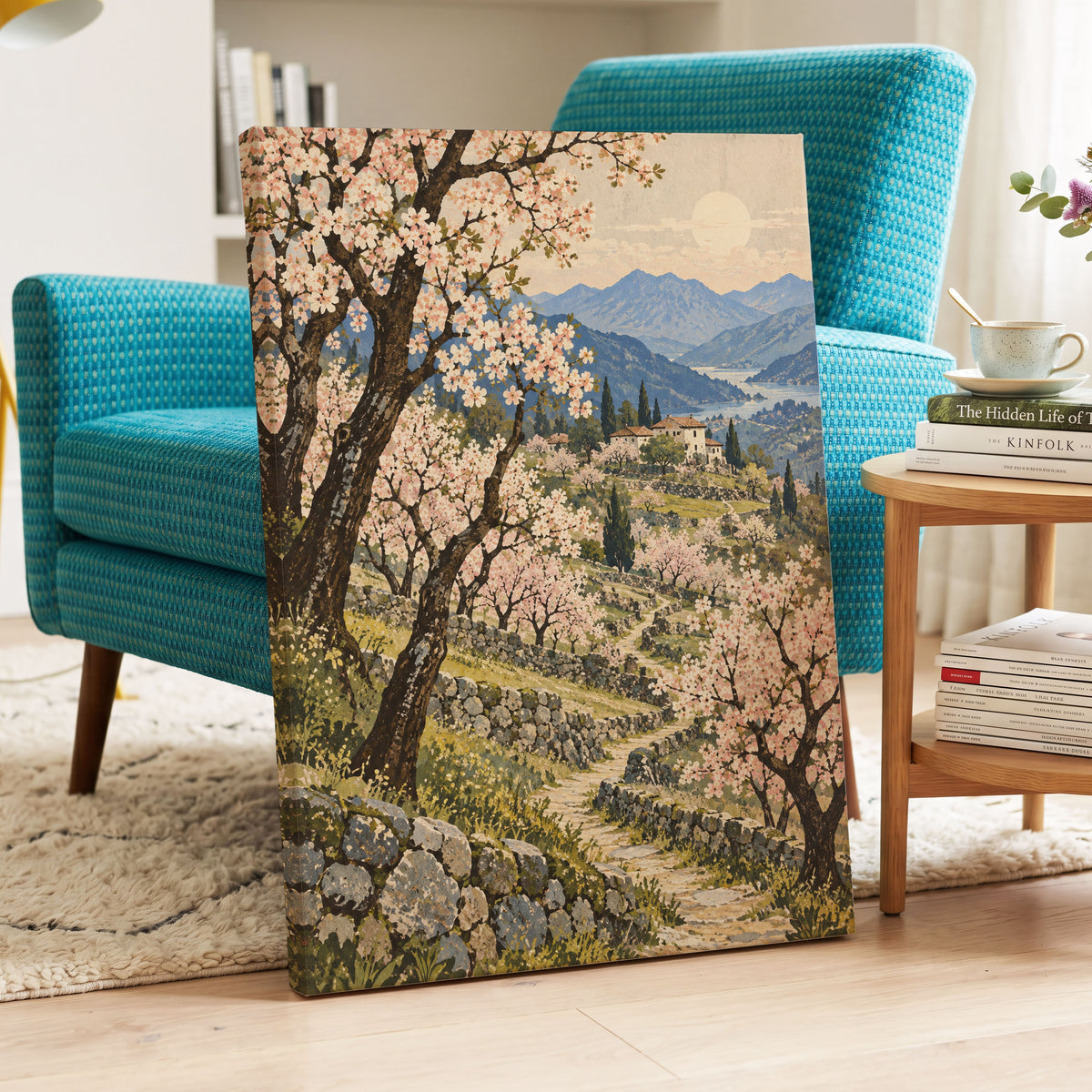 Blossom Above the Blue, pink, blue, green nature wall art displayed in a styled interior, gallery view 7
