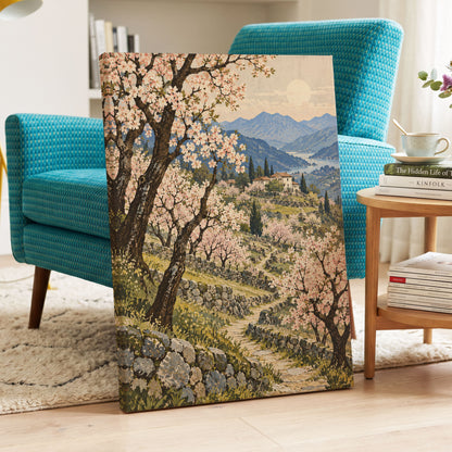 Blossom Above the Blue, pink, blue, green nature wall art displayed in a styled interior, gallery view 7