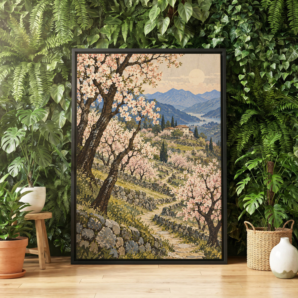 Blossom Above the Blue, pink, blue, green nature wall art displayed in a styled interior, gallery view 8