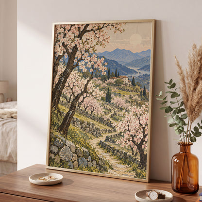 Blossom Above the Blue, pink, blue, green nature wall art displayed in a styled interior, gallery view 9