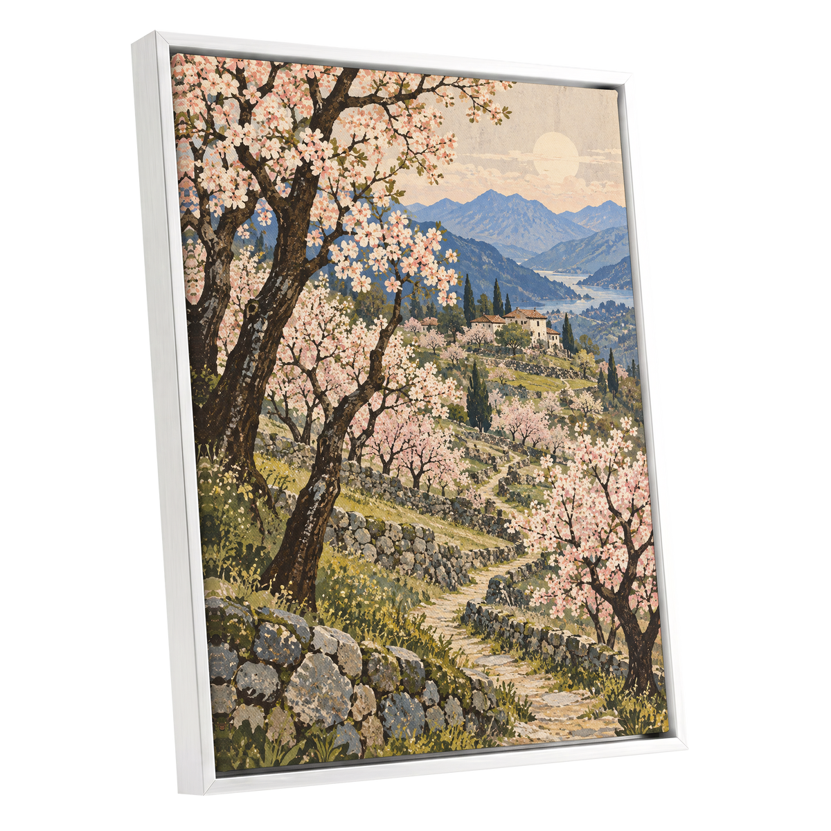 Blossom Above the Blue, pink, blue, green nature wall art shown as a white framed canvas wall art