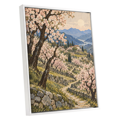 Blossom Above the Blue, pink, blue, green nature wall art shown as a white framed canvas wall art