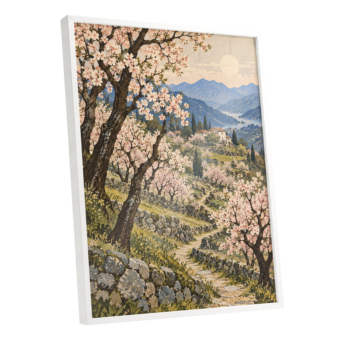 Blossom Above the Blue, pink, blue, green nature wall art shown as a white framed poster wall art print