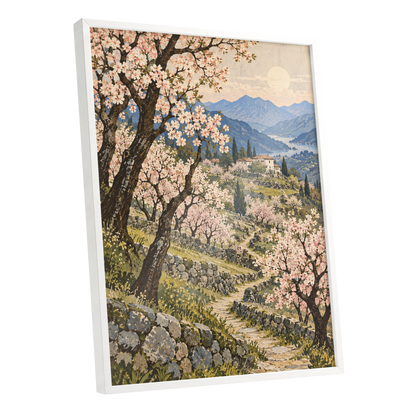 Blossom Above the Blue, pink, blue, green nature wall art shown as a white framed poster wall art print
