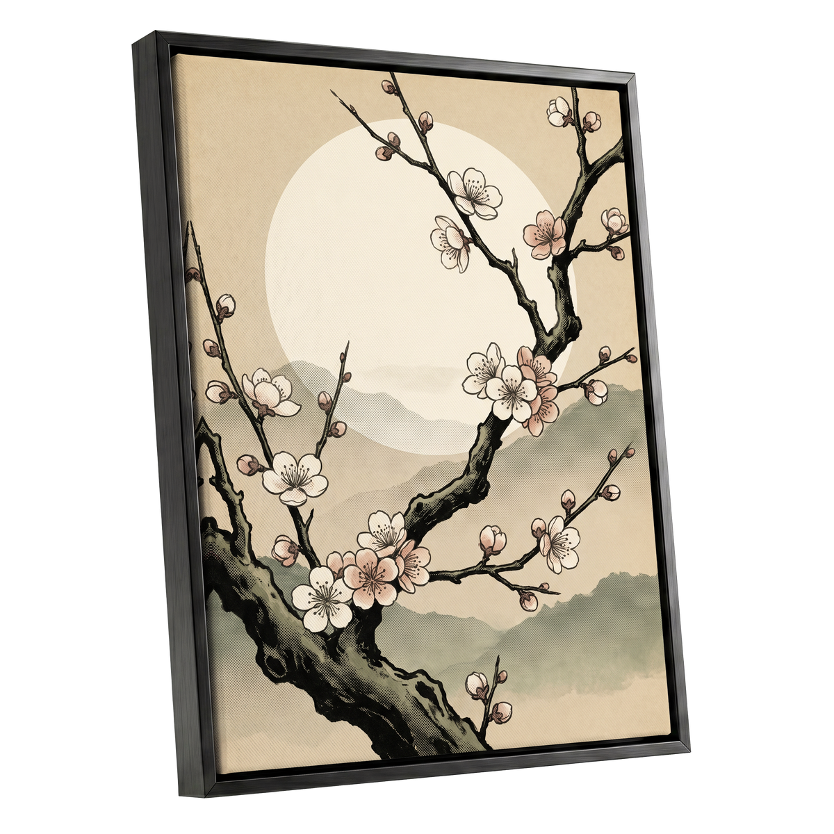 Blossom at First Light, beige, black, pink floral wall art shown as a black framed canvas wall art