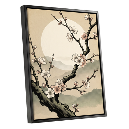 Blossom at First Light, beige, black, pink floral wall art shown as a black framed canvas wall art