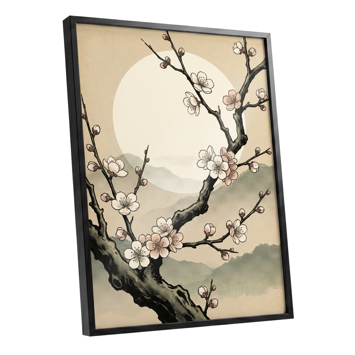 Blossom at First Light, beige, black, pink floral wall art shown as a black framed poster wall art print