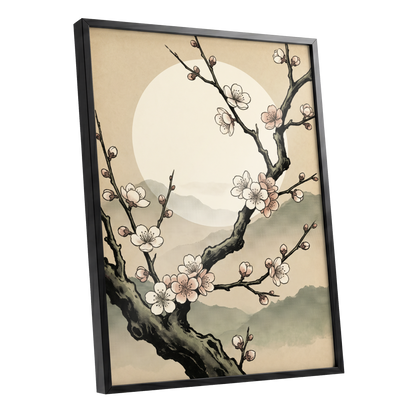 Blossom at First Light, beige, black, pink floral wall art shown as a black framed poster wall art print