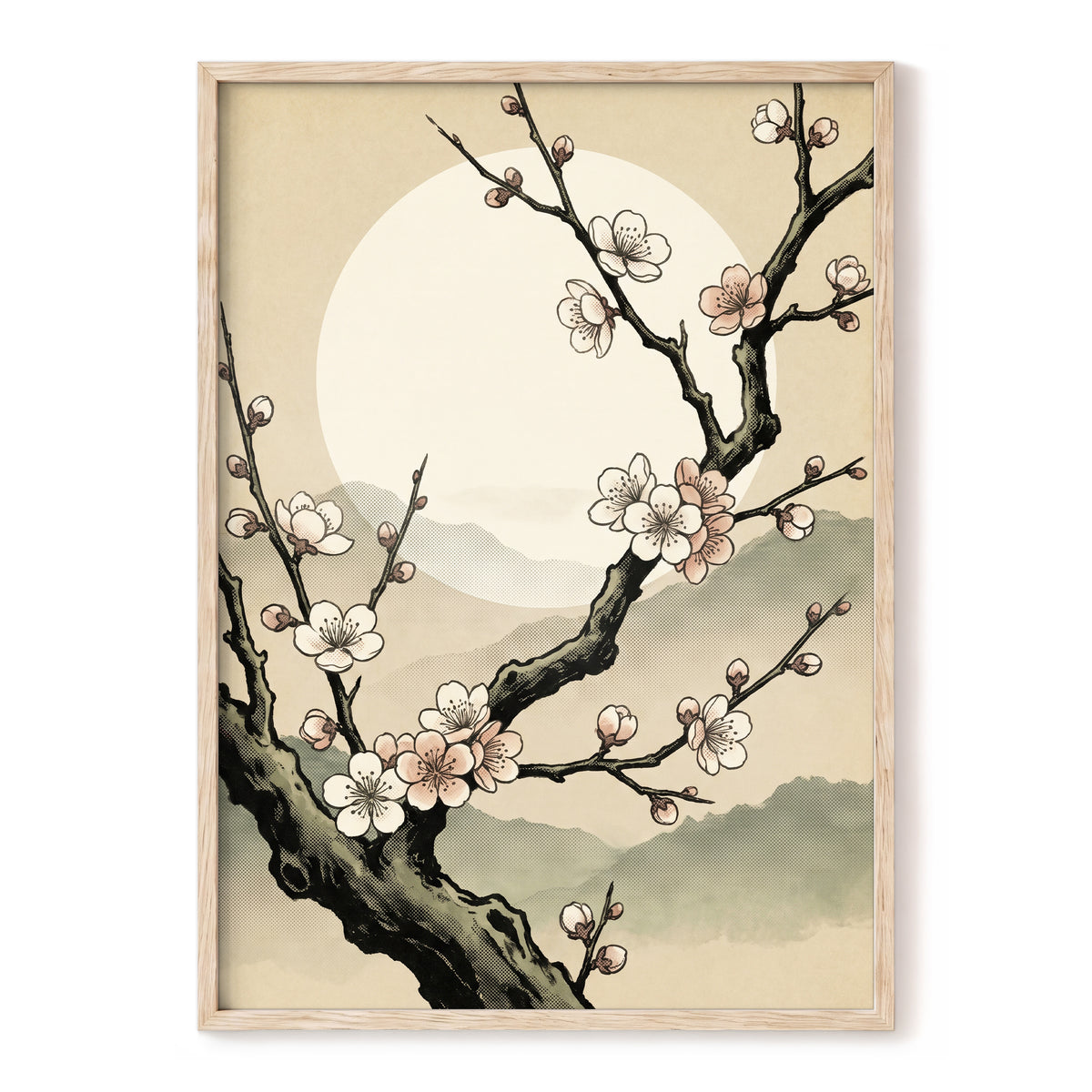 Blossom at First Light, beige, black, pink floral wall art, front artwork view