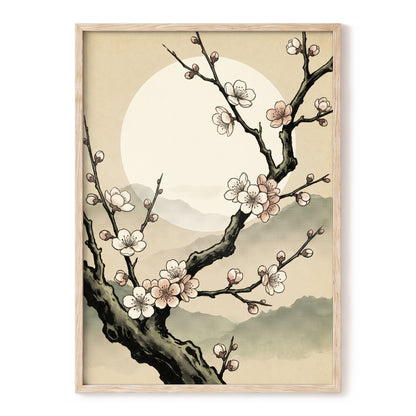 Blossom at First Light, beige, black, pink floral wall art, front artwork view