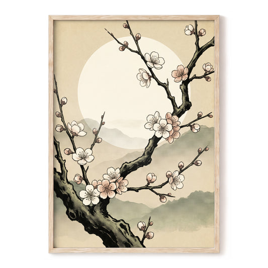 Blossom at First Light, beige, black, pink floral wall art, front artwork view