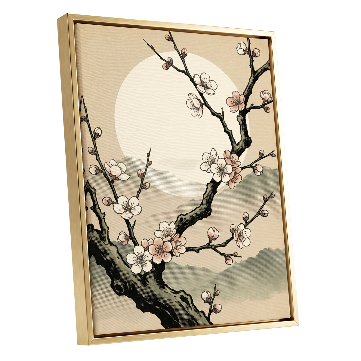 Blossom at First Light, beige, black, pink floral wall art shown as a gold framed canvas wall art