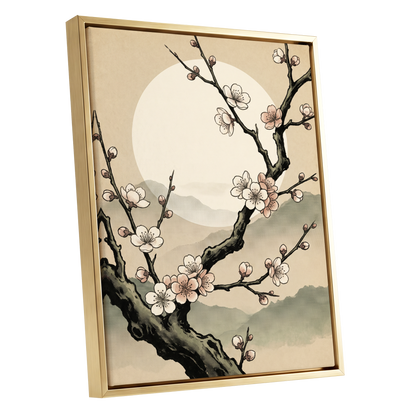 Blossom at First Light, beige, black, pink floral wall art shown as a gold framed canvas wall art