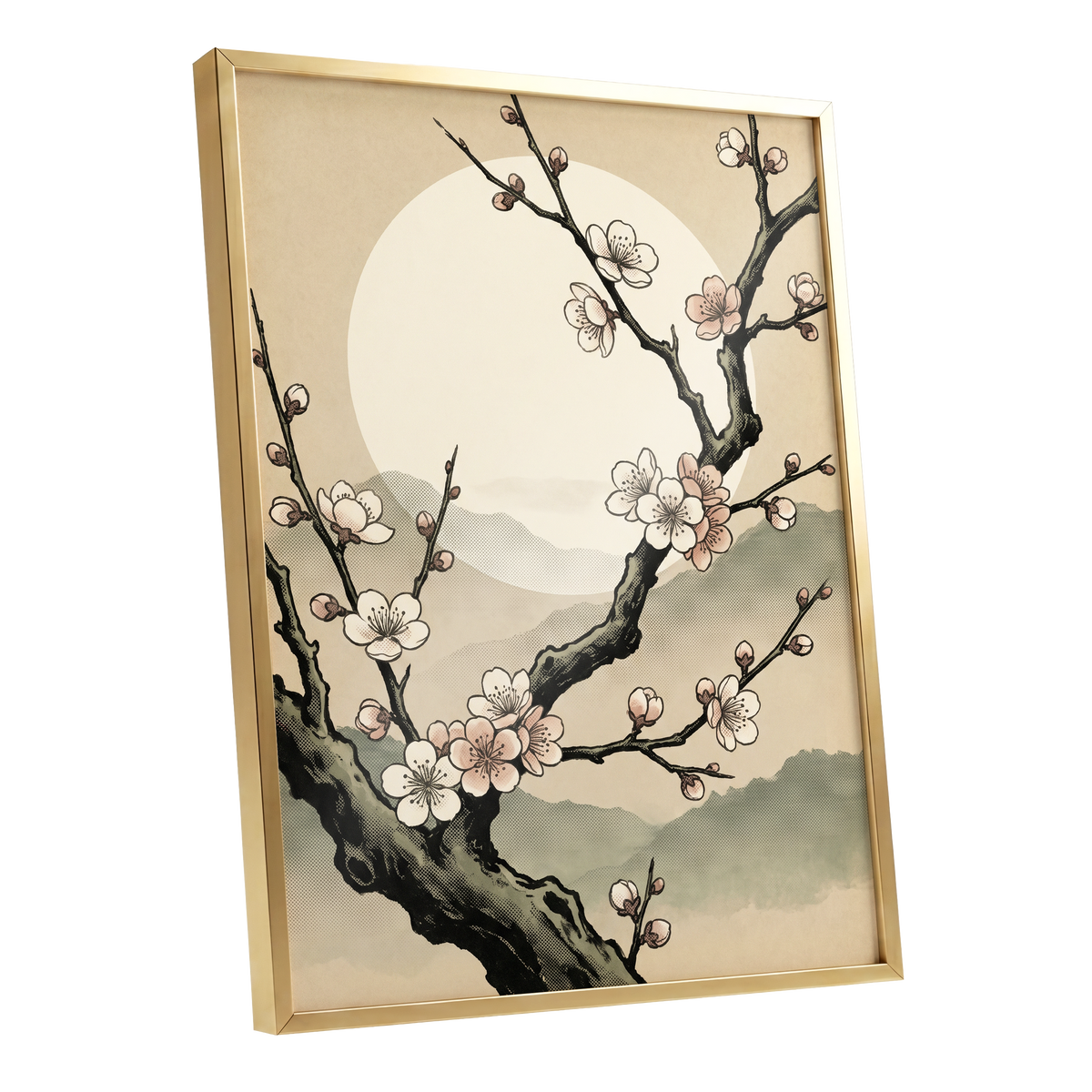 Blossom at First Light, beige, black, pink floral wall art shown as a gold framed poster wall art print