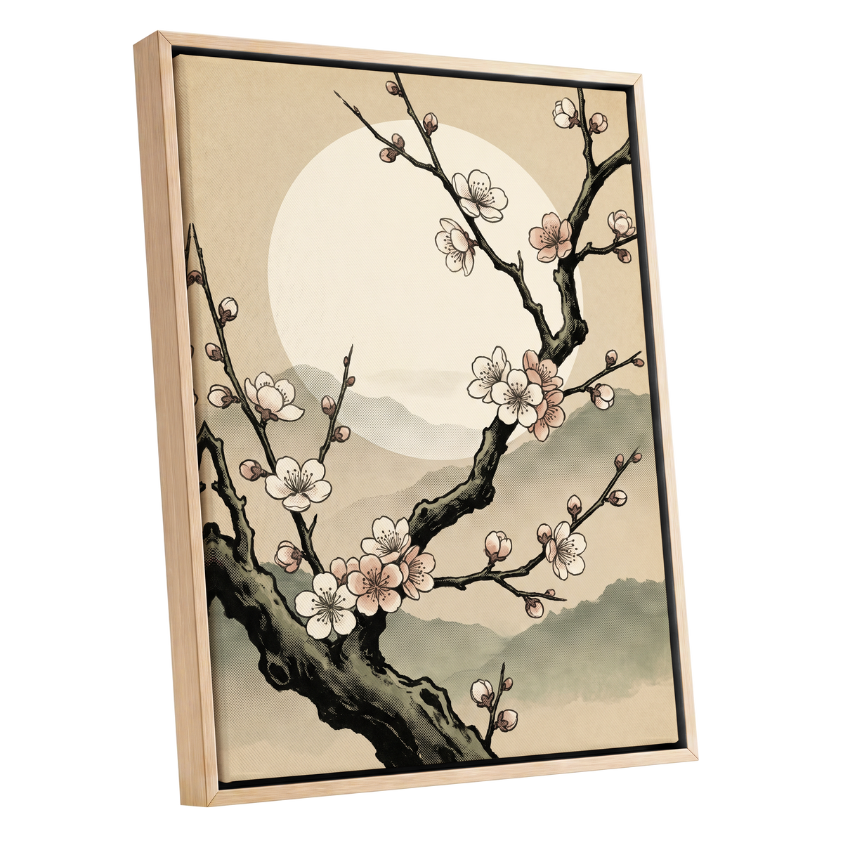 Blossom at First Light, beige, black, pink floral wall art shown as a oak framed canvas wall art