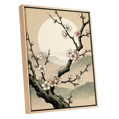 Blossom at First Light, beige, black, pink floral wall art shown as a oak framed canvas wall art