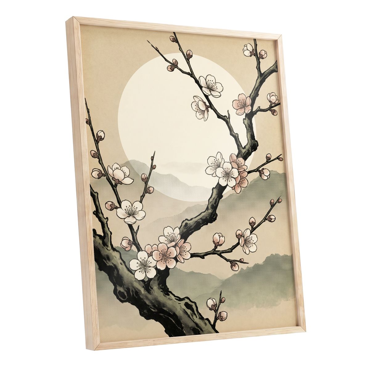 Blossom at First Light, beige, black, pink floral wall art shown as a oak framed poster wall art print