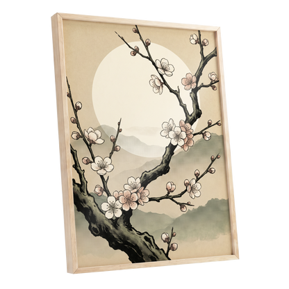 Blossom at First Light, beige, black, pink floral wall art shown as a oak framed poster wall art print