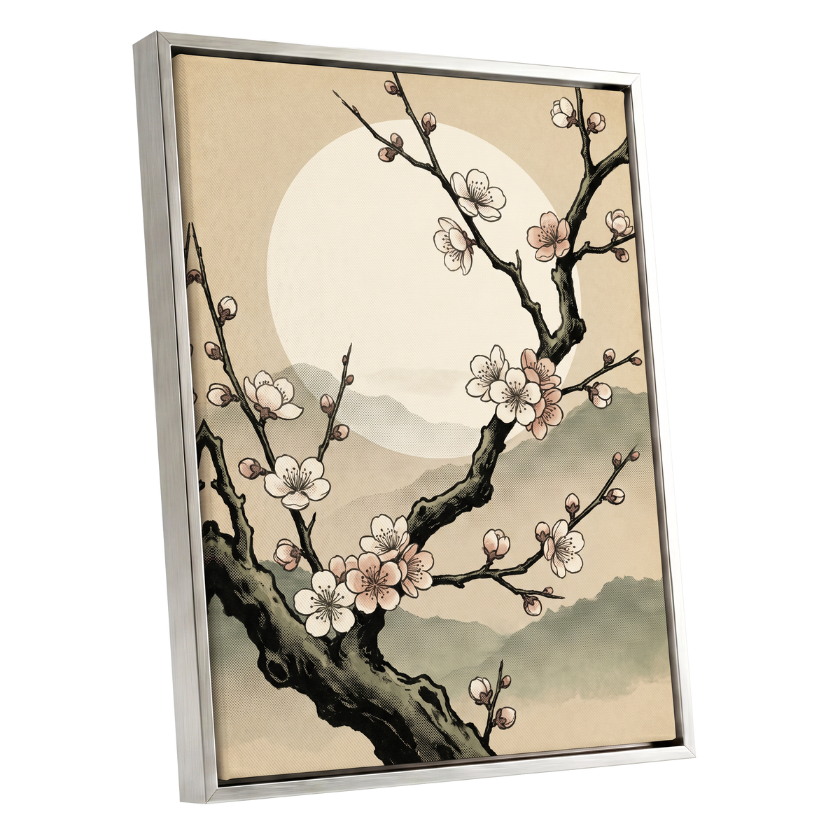 Blossom at First Light, beige, black, pink floral wall art shown as a silver framed canvas wall art