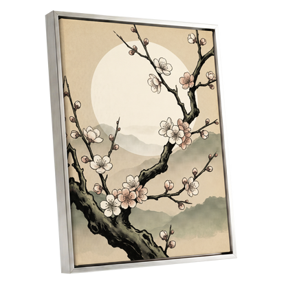 Blossom at First Light, beige, black, pink floral wall art shown as a silver framed canvas wall art
