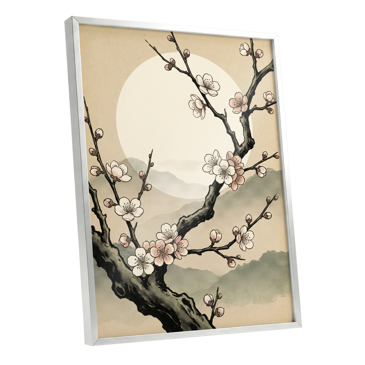 Blossom at First Light, beige, black, pink floral wall art shown as a silver framed poster wall art print