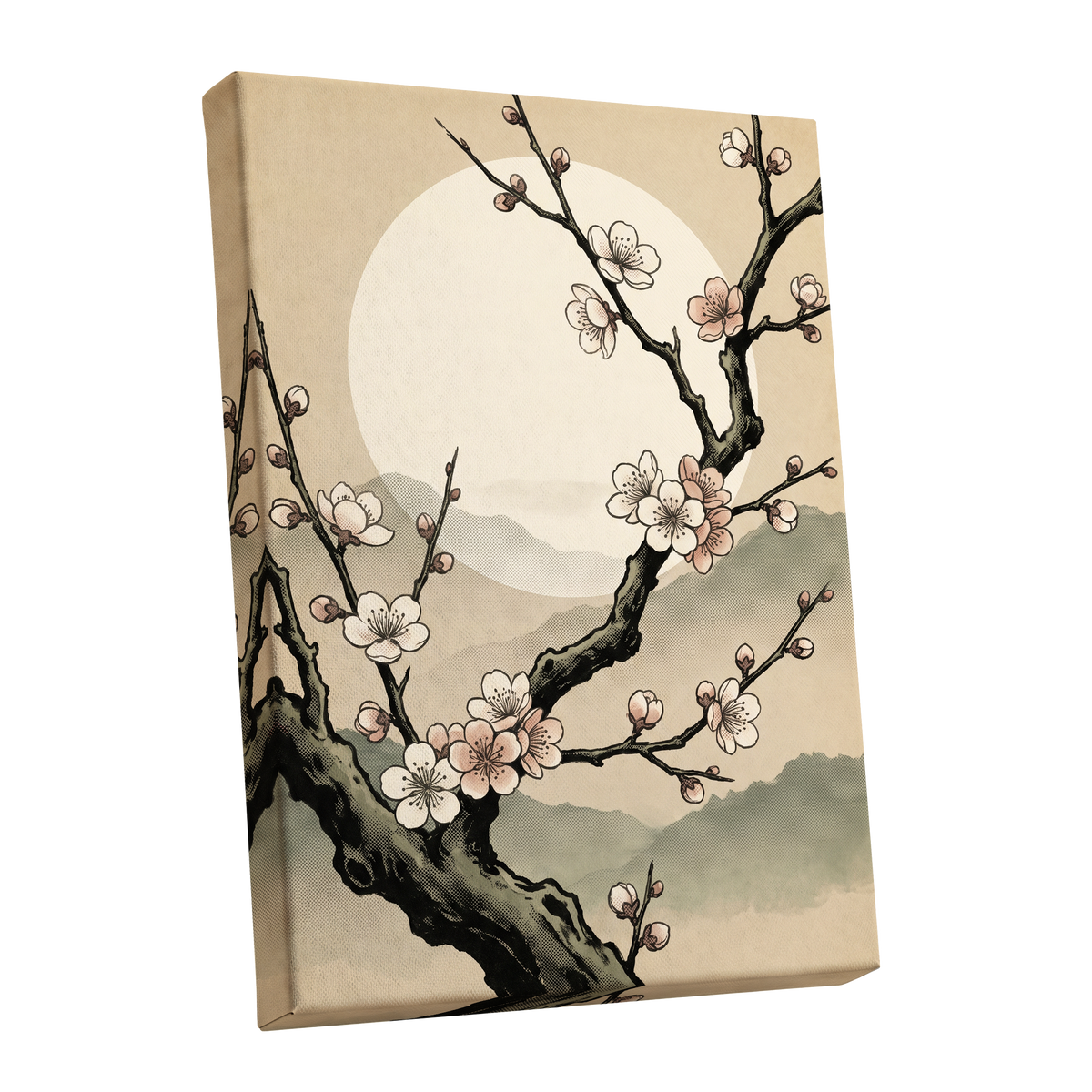 Blossom at First Light, beige, black, pink floral wall art shown as a stretched canvas wall art