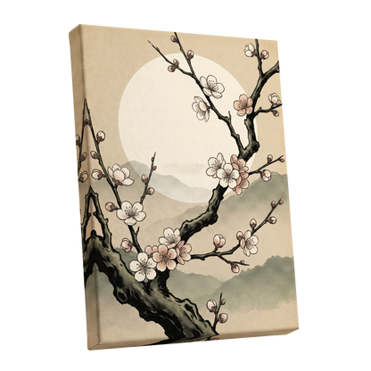 Blossom at First Light, beige, black, pink floral wall art shown as a stretched canvas wall art