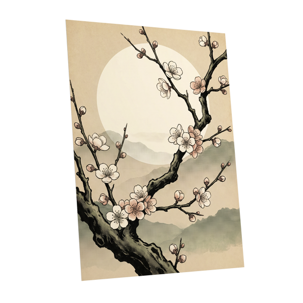 Blossom at First Light, beige, black, pink floral wall art shown as a unframed poster wall art print