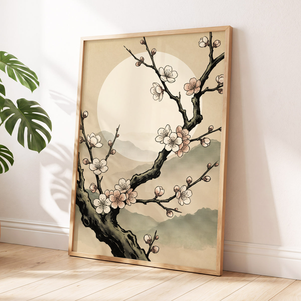 Blossom at First Light, beige, black, pink floral wall art displayed in a styled interior, gallery view 2