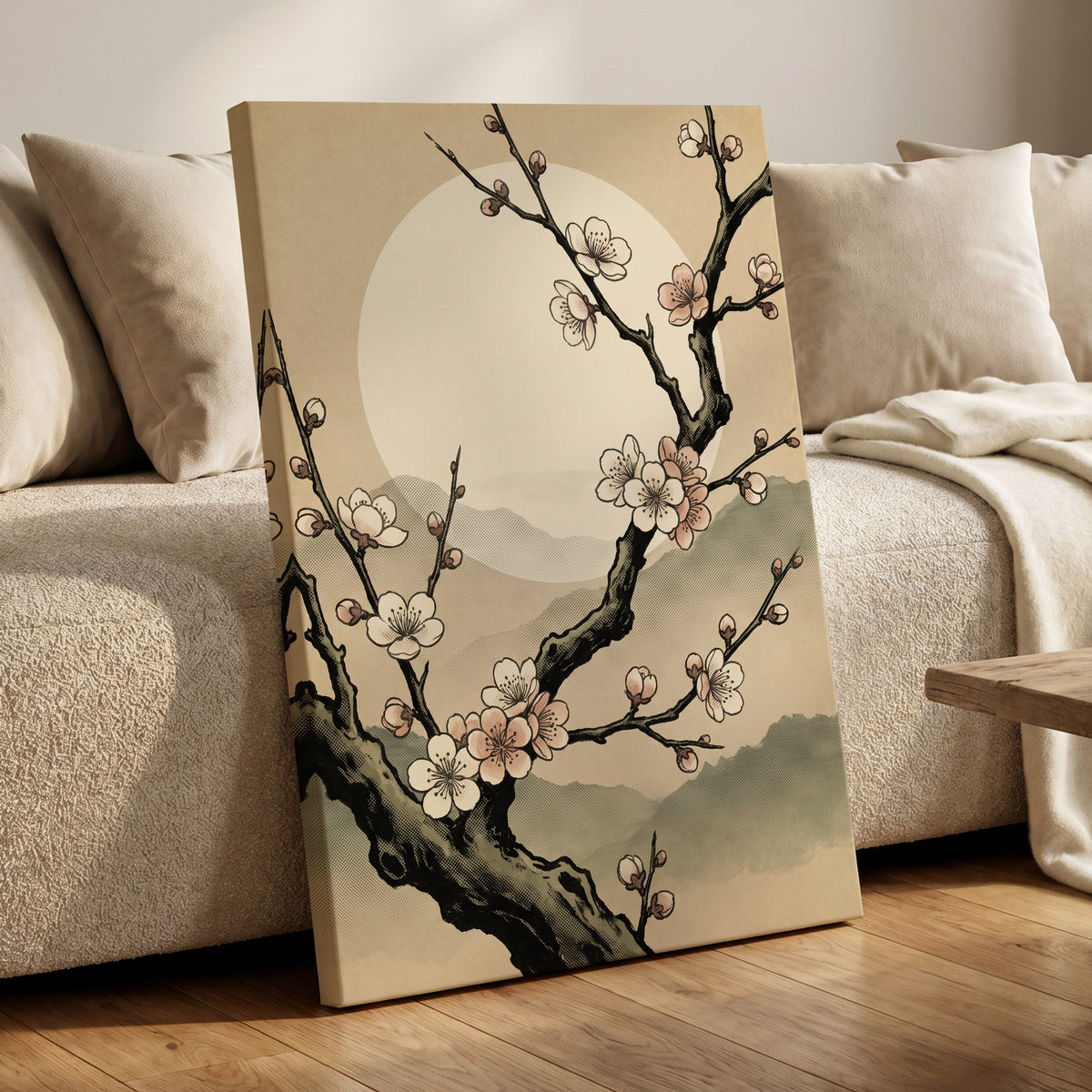 Blossom at First Light, beige, black, pink floral wall art displayed in a styled interior, gallery view 3