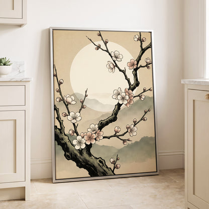 Blossom at First Light, beige, black, pink floral wall art displayed in a styled interior, gallery view 4