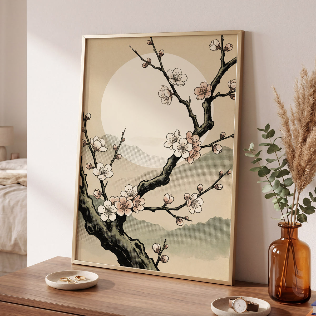 Blossom at First Light, beige, black, pink floral wall art displayed in a styled interior, gallery view 6