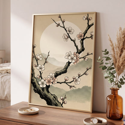 Blossom at First Light, beige, black, pink floral wall art displayed in a styled interior, gallery view 6