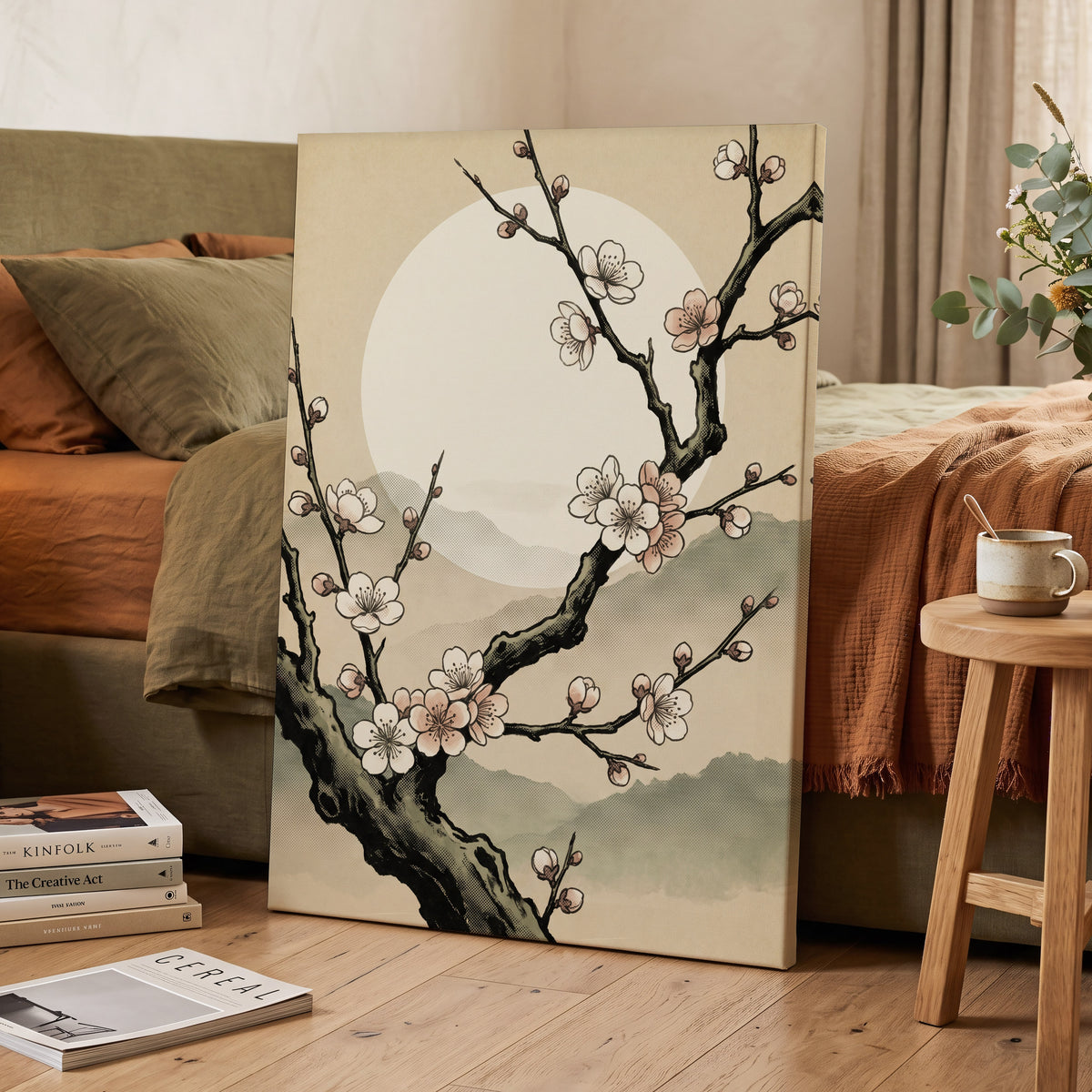 Blossom at First Light, beige, black, pink floral wall art displayed in a styled interior, gallery view 7