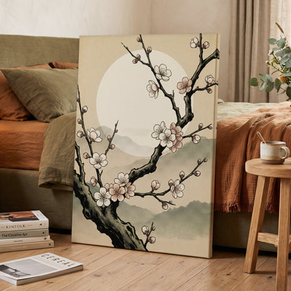 Blossom at First Light, beige, black, pink floral wall art displayed in a styled interior, gallery view 7