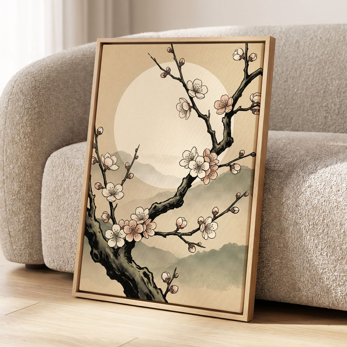 Blossom at First Light, beige, black, pink floral wall art displayed in a styled interior, gallery view 8