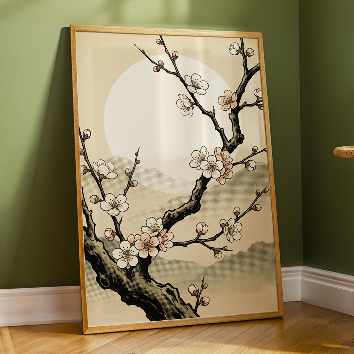 Blossom at First Light, beige, black, pink floral wall art displayed in a styled interior, gallery view 9