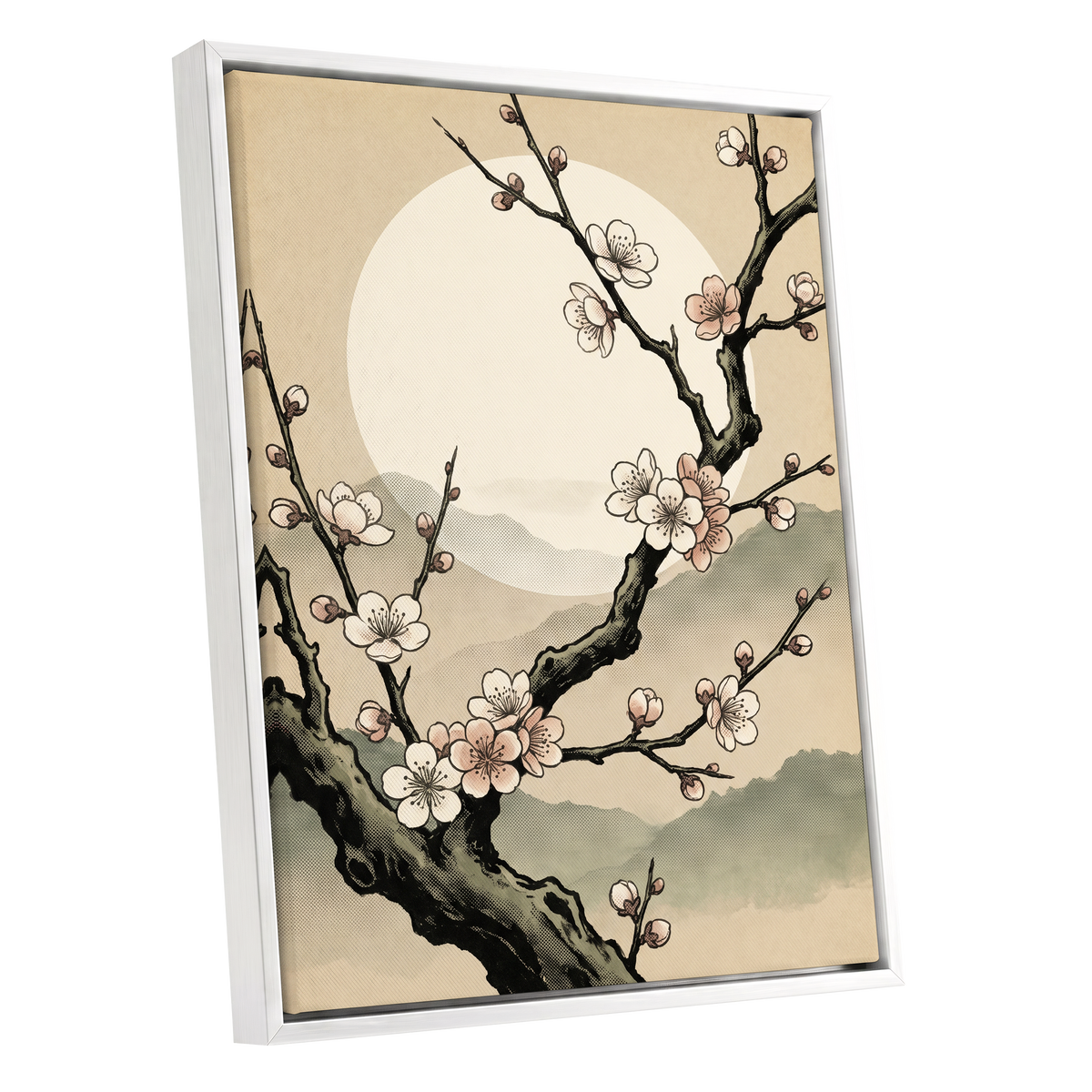 Blossom at First Light, beige, black, pink floral wall art shown as a white framed canvas wall art